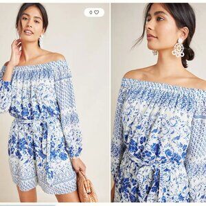 Anthropologie Clemente Off Shoulder Floral Belted Romper Blue White